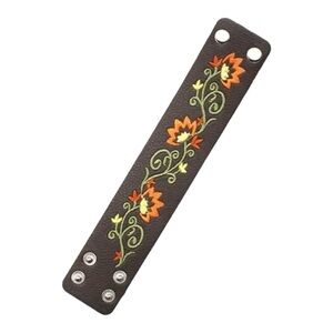 Boho Embroidered Floral Brown Leather Bracelet Yellow and Orange Flowers NWOT